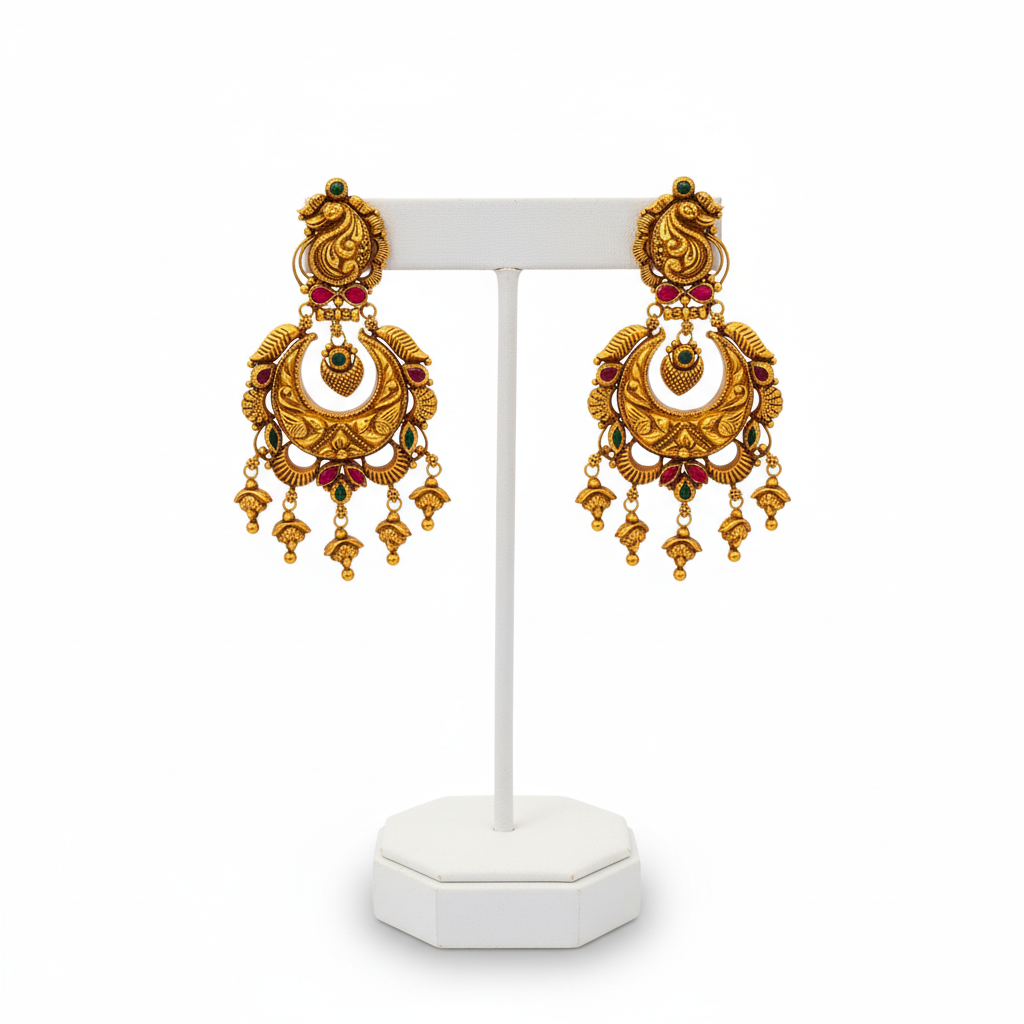 Antique Temple Gold Chandbali Earrings with Ruby & Emerald Stones Antique Temple Gold Chandbali Earrings with Ruby & Emerald Stones
