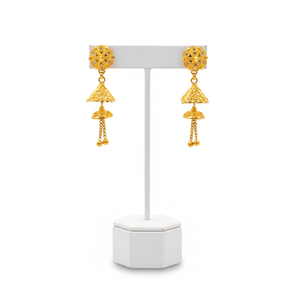 Double cone with pyramid charm jhumkas Double cone with pyramid charm jhumkas